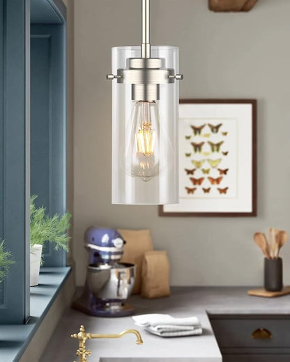 EAPUDUN Pendant Light Fixtures, Brushed Nickel Finish Kitchen Lights Ceiling, Clear Glass Pendant Lights Kitchen Island-PDA1353-A-BNK