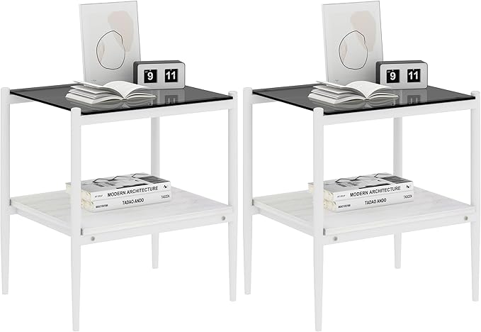 Set of 2 Glass End Table, 2-Layer Glass Living Room Table, Modern Tea Table Side Tables for Home Office Furniture