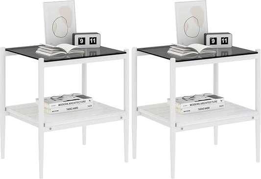 Set of 2 Glass End Table, 2-Layer Glass Living Room Table, Modern Tea Table Side Tables for Home Office Furniture