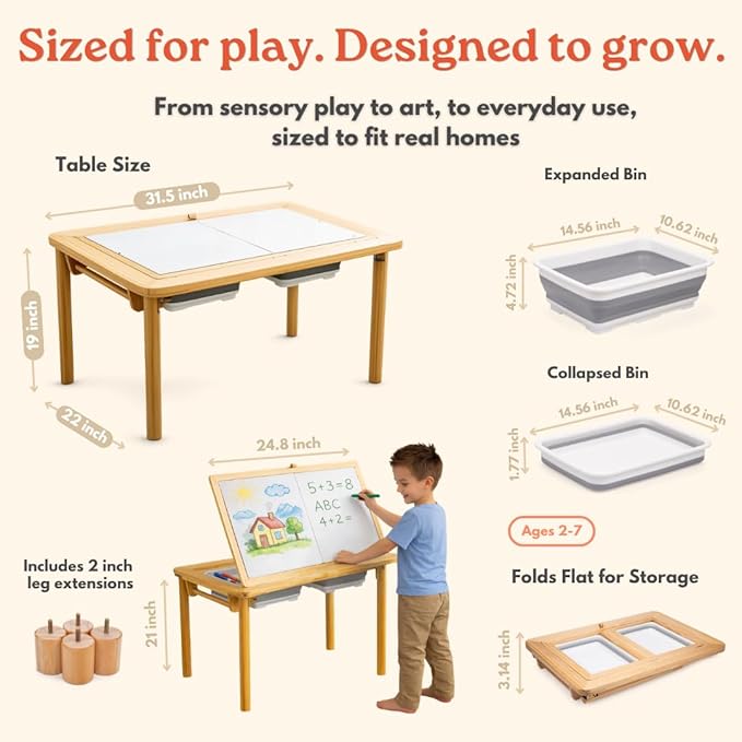 Montessori Sensory Table & Art Easel for Kids & Toddlers | Folding Extendable Legs & Storage Bins, Magnetic Boards & Tiles, Light Box Included | Space-Saving Indoor/Outdoor Play