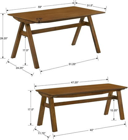 DUOMAY Wooden Dining Table with Bench Set, 59" Wide Rectangle Kitchen Table with 2 Long Benches for 4-6 for Home Small Space, Walnut Color