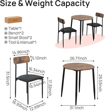 Walsport Round Dining Table Set for 2, 3-Piece Wood Tabletop Samill Kitchen Table and Chairs with Strong Metal Frame, Modern Dinette with Chairs for Small Spaces Living Room (Brown)