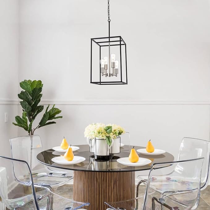 VINLUZ 4-Light Lantern Chandelier Light Fixture Black and Brushed Nickel Finish Industrial Farmhouse Pendant Lighting Square Cage Kitchen Island Hanging Ceiling Light for Dining Room
