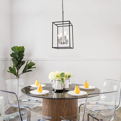 VINLUZ 4-Light Lantern Chandelier Light Fixture Black and Brushed Nickel Finish Industrial Farmhouse Pendant Lighting Square Cage Kitchen Island Hanging Ceiling Light for Dining Room