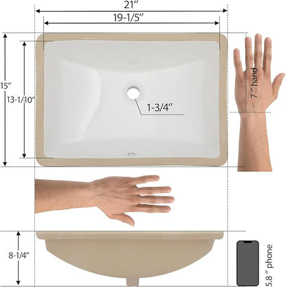 Mocoloo Undermount Bathroom Sinks 21 x 15 Inch Rectangle White Porcelain Ceramic Bathroom Sink 8 Inch Deep Basin with Overflow Small Lavatory Vanity Top Sink Under Counter