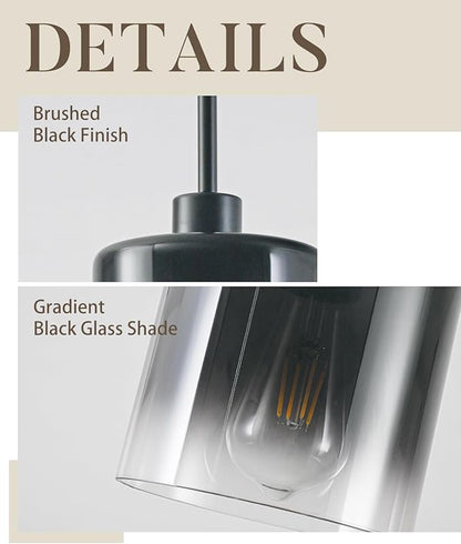 2-Pack Black Pendant Light Fixtures, Modern Pendant Lights for Kitchen Island with Adjustable Rods, Industrial Glass Pendant Lights for Dining Table Hallway Bedroom Living Room