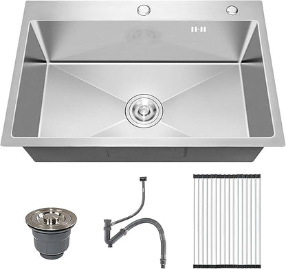 25x22 Inch Drop In Kitchen Sink, 20 Gauge 304 Stainless Steel Single Bowl Top Mount Sinks, Brushed Nickel Handmade Round Corner 25"x22"x9"