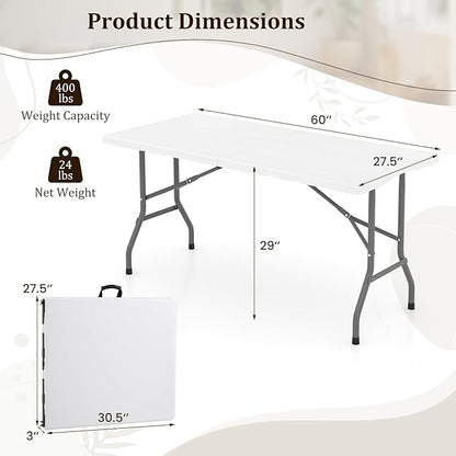 Tangkula 5FT Folding Table, Indoor Outdoor Foldable Plastic Table with HDPE Tabletop, Sturdy Metal Fame, Carrying Handle, 4-6 Person Picnic Table for Camping BBQ Party