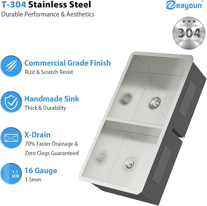 36 Inch Undermount Double Bowl Kitchen Sink 16 Gague 304 Stainless Steel Double Handmade Sinks 50/50 Large Deep Double Bowl Sinks 36"x19"x10"
