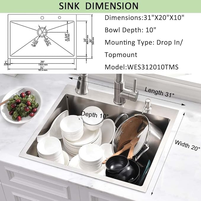 31 Inch Drop In Kitchen Sink -Wesliv 31x20 Drop In Top Mount Sinks 16 Gauge Stainless Steel 10 Inch Deep Single Bowl Kitchen Sink Basin with Colander & Drain Strainer
