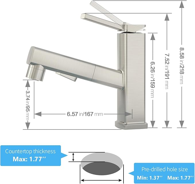 HANLIAN Single Hole Bathroom Pull Out Faucet with Rotating Spout, One Handle Faucet for Bathroom Sink, Modern Bathroom Faucet with Pull Down Sprayer, 3 Modes Vanity Faucets (Brushed Nickel, Regular)