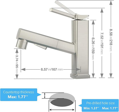 HANLIAN Single Hole Bathroom Pull Out Faucet with Rotating Spout, One Handle Faucet for Bathroom Sink, Modern Bathroom Faucet with Pull Down Sprayer, 3 Modes Vanity Faucets (Brushed Nickel, Regular)