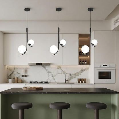 Modern Pendant Light Fixture Black Globe Pendant Lights Kitchen Island White Frosted Milk Glass Sputnik Chandelier Vintage for Kitchen, Office, Entryway (2-Light)