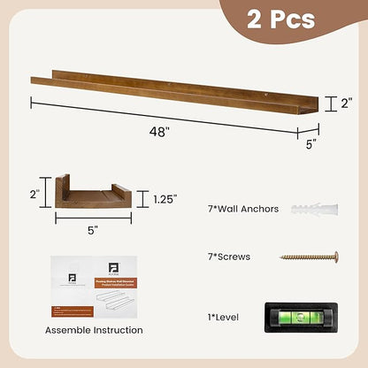 FLYJOE Picture Ledge Shelf, Floating Shelves Set of 2, Solid Ash Wood 48'' Long Large Nursery Book Shelves for Toys Storage, Kids Bookshelf for Living Room Bedroom Decor Books Photo Frames, Walnut