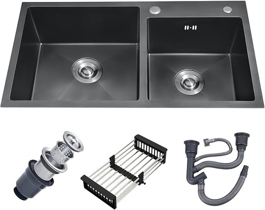 30-inch Black Kitchen Sink, Double Bowl Drop-in/Top-Mount 304 Stainless Steel with Nano Coating, Includes Drain Assembly & Fruit Basket for Modern Kitchen (30.7" x 16.9")