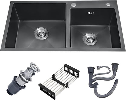 31" x 18" Black Double Bowl Kitchen Sink, Drop-in/Topmount 304 Stainless Steel Sink with Nano Coating & Accessories Set