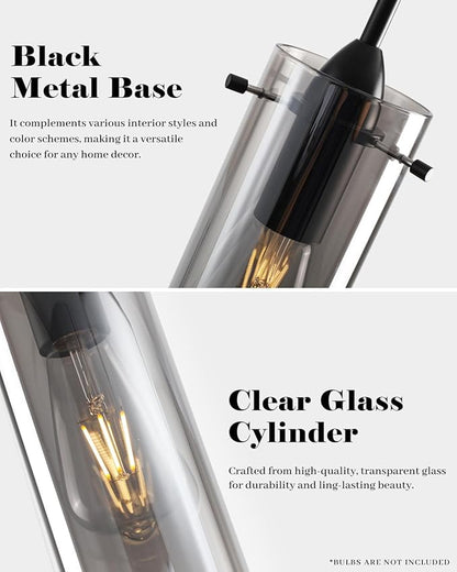 Smoke Gray Glass Pendant Light Kitchen Island, Kitchen Island Lights Ceiling Hanging, Kitchen Pendant Lights 2 Pack, Modern Clear Hanging Pendant Light for Kitchen, Living Room, Bathroom