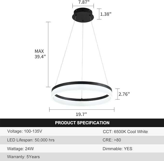 Buccleuch Modern LED Chandelier - Dimmable 19.7" Black Round Pendant Light, Height Adjustable UL-Certified Ceiling Light for Dining Room, Kitchen Island, Living Room, Bedroom, Foyer, 6500K