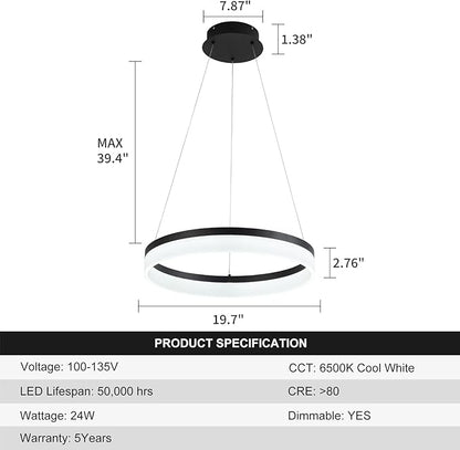 Buccleuch Modern LED Chandelier - Dimmable 19.7" Black Round Pendant Light, Height Adjustable UL-Certified Ceiling Light for Dining Room, Kitchen Island, Living Room, Bedroom, Foyer, 6500K