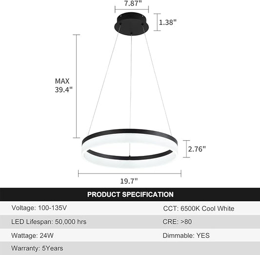 Buccleuch Modern LED Chandelier - Dimmable 19.7" Black Round Pendant Light, Height Adjustable UL-Certified Ceiling Light for Dining Room, Kitchen Island, Living Room, Bedroom, Foyer, 6500K