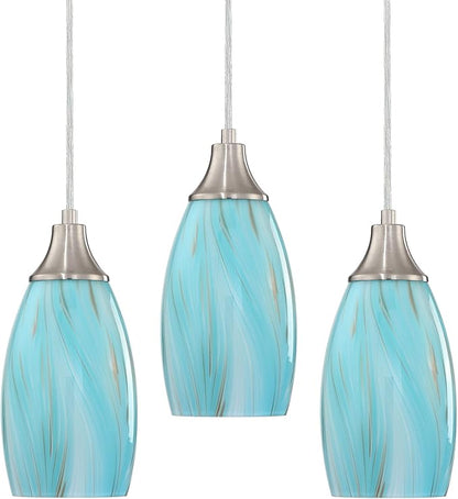 karyfine Mini Art Glass Pendant Lights Kitchen Island,Handcrafted Teal with Gold Glass Ceiling Pendant Lighting Brushed Nickel Adjustable Cord Hanging Lamp Cover for Coffe Bar,Dining Room 3pack