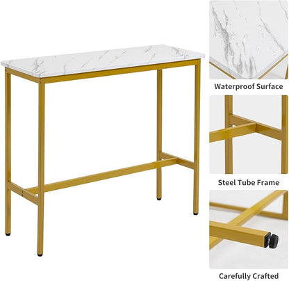 44.5" Bar Table, Pub Table with Adjustable Feet Floor Protector, Narrow Rectangular Kitchen Counter Bar Tables, Sofa High Top Bar Tables with Gold Metal Legs, White