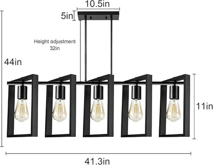 5-Light Island Lights for Kitchen, Rectangular Black Metal Kitchen Island Chandelier 41.3" Adjustable Rustic Modern Dining Room Light Fixtures Over Table, Chandeliers for Dining Room