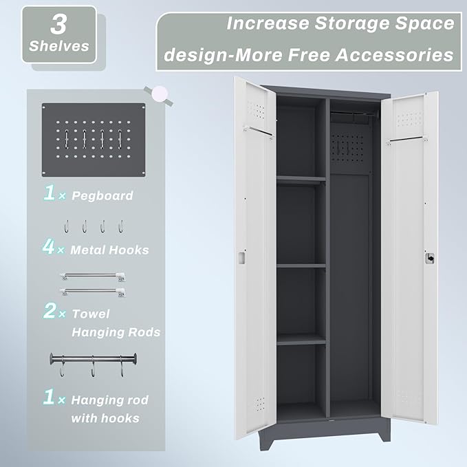 IRONFFICE Locking Cabinet,Metal Garage Storage Cabinets with 2 Doors,Garage Tool Storage Cabinets with 3 Adjustable Shelves,Lockable Storage Cabinet for Basement,Home Office,Grey-White