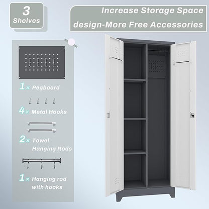 IRONFFICE Locking Cabinet,Metal Garage Storage Cabinets with 2 Doors,Garage Tool Storage Cabinets with 3 Adjustable Shelves,Lockable Storage Cabinet for Basement,Home Office,Grey-White