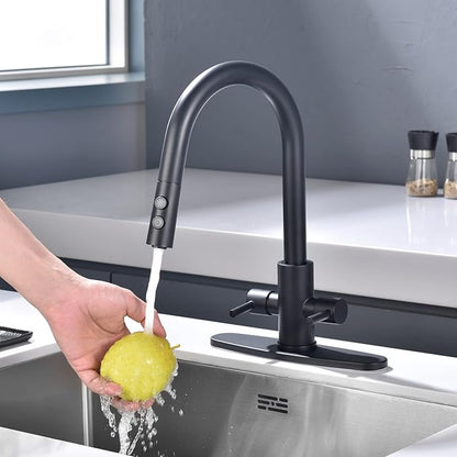 Kitchen Faucet, Two Handles Sink Faucet with Sprayer, Stainless Steel, Matte Black, PB1047