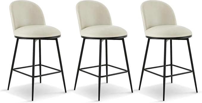 26" Counter Height Swivel Bar Stools Set of 3, Upholstered Faux Leather Barstools with Backs and Metal Legs for Kitchen Island,Cream