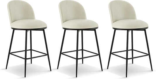 26" Counter Height Swivel Bar Stools Set of 3, Upholstered Faux Leather Barstools with Backs and Metal Legs for Kitchen Island,Cream