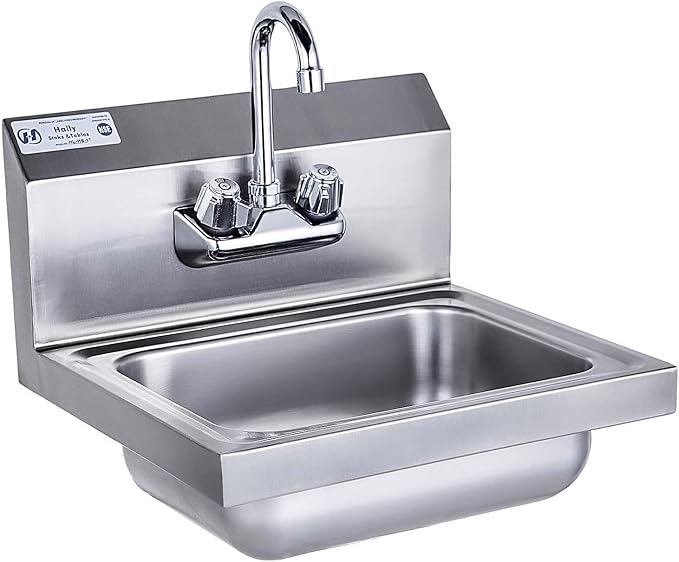 HALLY Stainless Steel Sink for Washing with Faucet, NSF Commercial Wall Mount Hand Basin for Restaurant, Kitchen and Home, 17 x 15 Inches