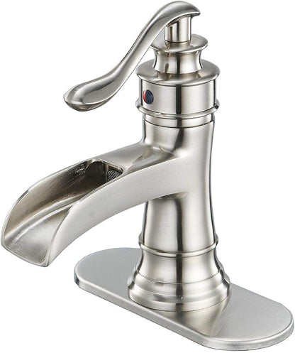BWE Bathroom Faucet Brushed Nickel Waterfall Single Handle Hole Sink Faucets Bath Vanity Lavatory Vessel Commercial Satin with Water Supply Hose