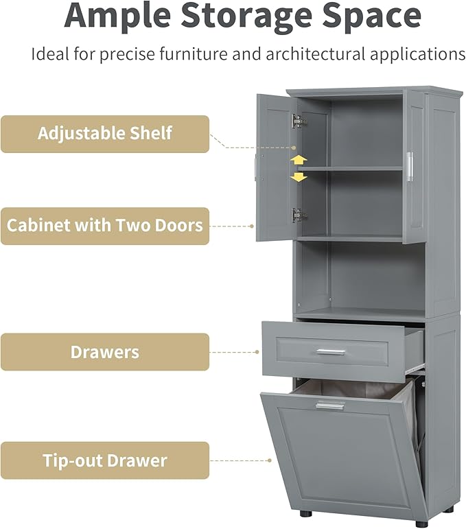 Merax 70" Tall Storage Cabinet with Laundry Hamper, 1 Drawer and Adjustable Shelf, Freestanding for Bathroom, Grey