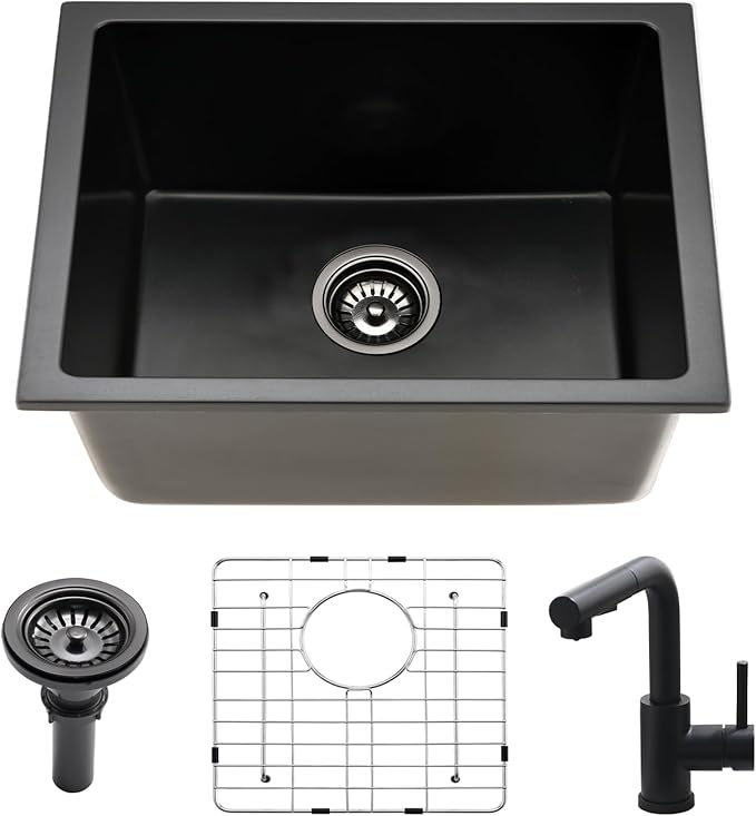 22 Inch Black Undermount Bar Sink with Faucet, 22x17 Inch Undermount Wet Bar Sink Granite Composite Single Bowl Quartz Outdoor Kitchen Sink, Heavy Durable Basin for Home