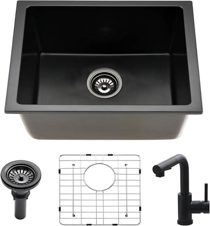 22 Inch Black Undermount Bar Sink with Faucet, 22x17 Inch Undermount Wet Bar Sink Granite Composite Single Bowl Quartz Outdoor Kitchen Sink, Heavy Durable Basin for Home
