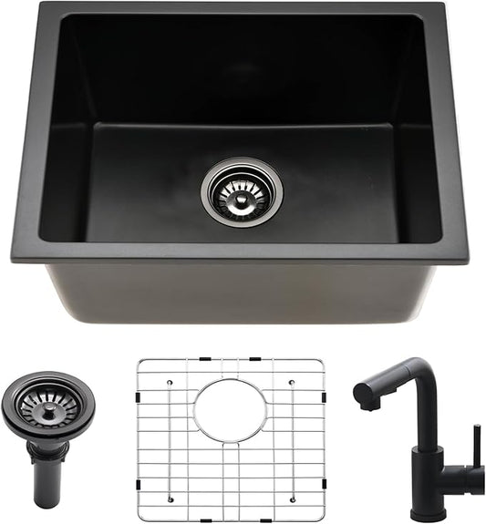 22 Inch Black Undermount Bar Sink with Faucet, 22x17 Inch Undermount Wet Bar Sink Granite Composite Single Bowl Quartz Outdoor Kitchen Sink, Heavy Durable Basin for Home