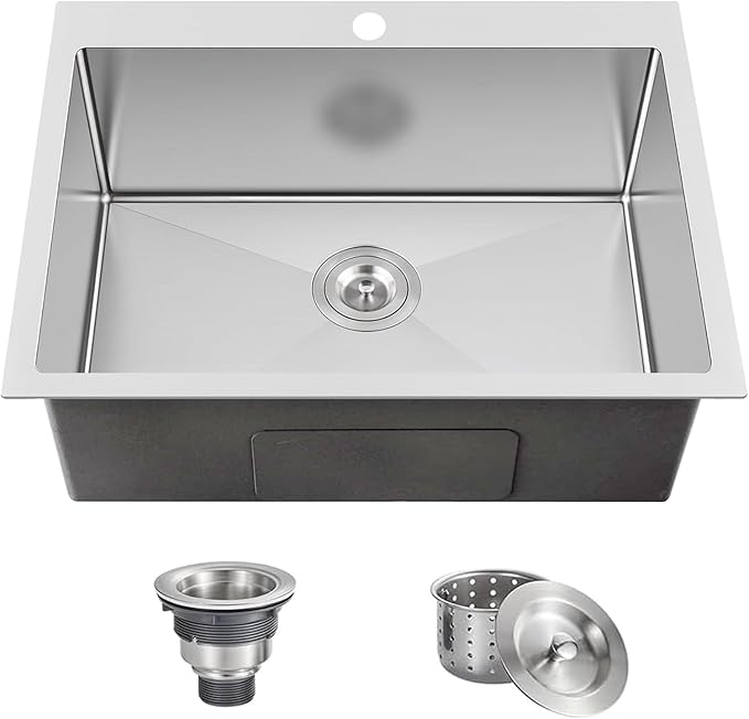 25x18 Inch Kitchen Sink Drop In, Topmount Kitchen Sink Stainless Steel Square Small Sinks, Single Bowl Kitchen Sinks For Laundry RV Office Outdoor Yard with Basket Strainer