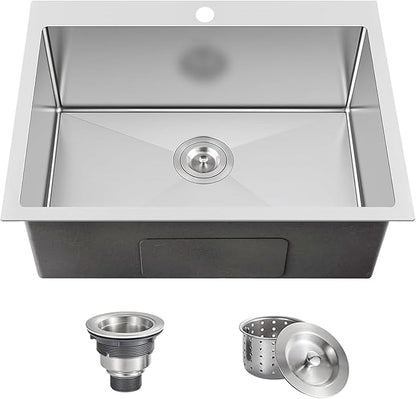 25x18 Inch Kitchen Sink Drop In, Topmount Kitchen Sink Stainless Steel Square Small Sinks, Single Bowl Kitchen Sinks For Laundry RV Office Outdoor Yard with Basket Strainer