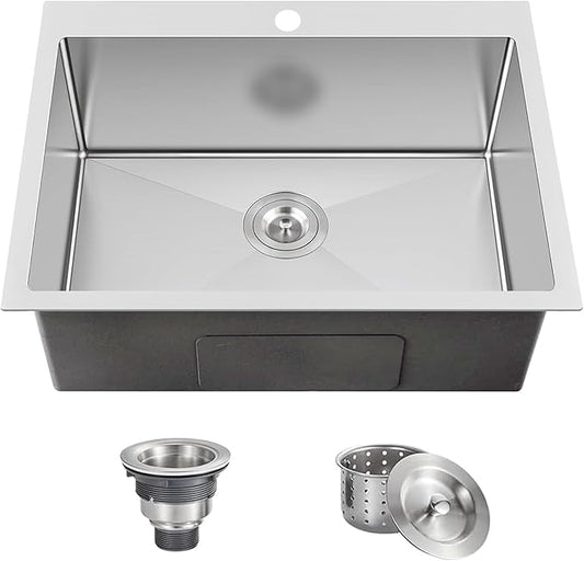 25x18 Inch Kitchen Sink Drop In, Topmount Kitchen Sink Stainless Steel Square Small Sinks, Single Bowl Kitchen Sinks For Laundry RV Office Outdoor Yard with Basket Strainer