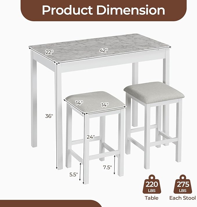 COSTWAY 3-Piece Dining Table Set, Counter-Height Bar Table with 2 Upholstered Bar Stools, Rubber Wood Legs, Anti-Slip Foot Pads, Modern Furniture Set for Dining Room, Kitchen, White+Grey