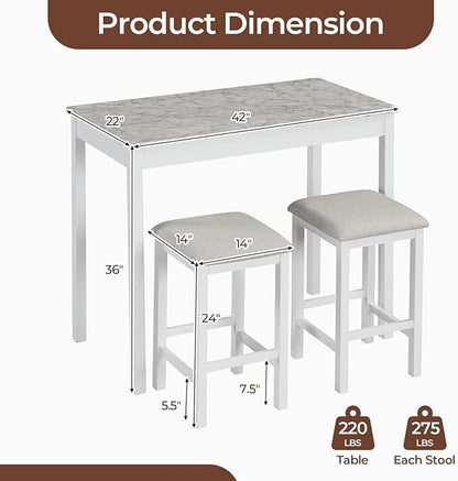 COSTWAY 3-Piece Dining Table Set, Counter-Height Bar Table with 2 Upholstered Bar Stools, Rubber Wood Legs, Anti-Slip Foot Pads, Modern Furniture Set for Dining Room, Kitchen, White+Grey