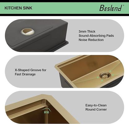 33x19 Undermount Gold Kitchen Sink - Beslend Stainless Steel Ledge Workstation Kitchen Sinks Gold Sink 16 Gauge Single Bowl Undermount Basin