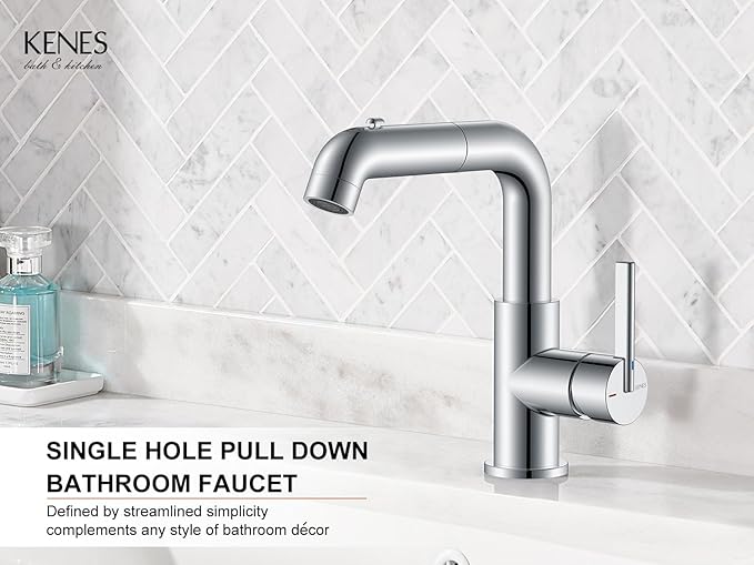 KENES Pull Out Bathroom Faucet with Sprayer, Polished Chrome Single Handle Bathroom Sink Faucet with Pull Down Sprayer, Vanity Bar Faucet with Pop Up Drain & Deck Plate, LJ-9055A-5