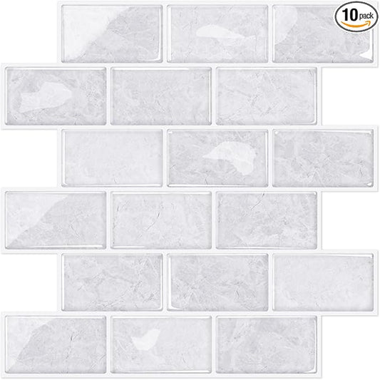 STICKGOO 10-Sheet Subway Tiles Peel and Stick Backsplash, Cinderella Grey Marble Look Stick on Tiles Kitchen Backsplash (Thicker Design)