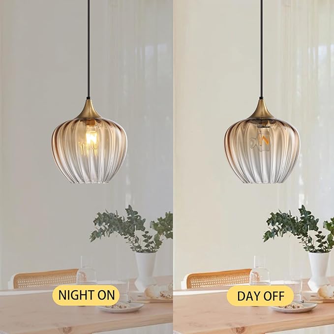 Amber Glass Pendant Lights Kitchen Island, 9" Vintage Hanging Lamp Ceiling Lighting Fixtures, Brushed Gold Modern Chandelier for Dining Room Restaurant Bedroom Foyer Entryway