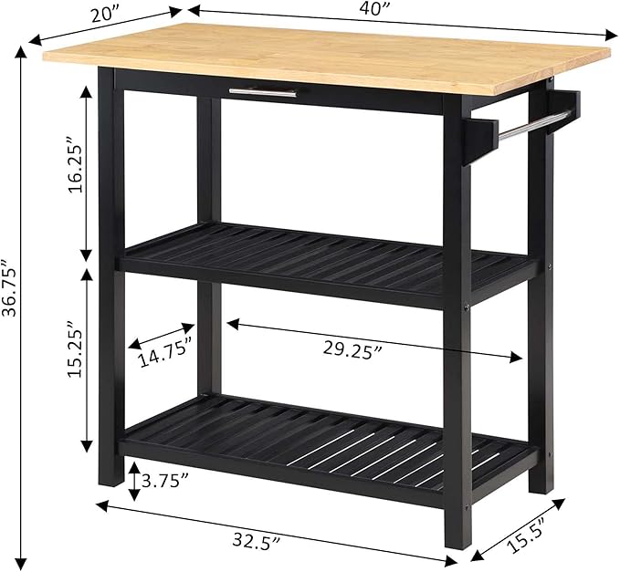Convenience Concepts Designs2Go 3 Tier Butcher Block Kitchen Prep Island 40" - 3 Tier Modern Cooking Cart with Drawer, Food Serving Station for Kitchen, Dining Room, Black