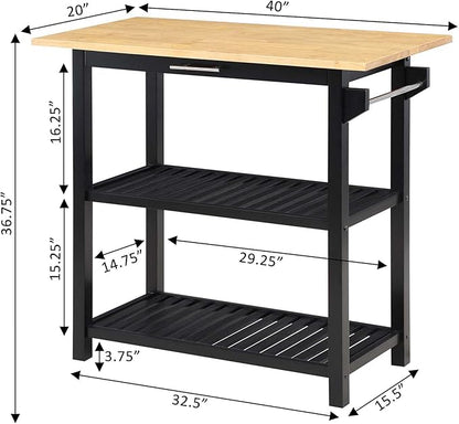 Convenience Concepts Designs2Go 3 Tier Butcher Block Kitchen Prep Island 40" - 3 Tier Modern Cooking Cart with Drawer, Food Serving Station for Kitchen, Dining Room, Black