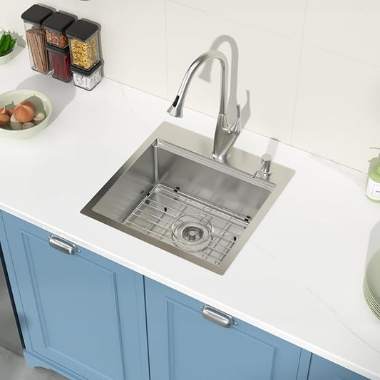 Drop in Bar Sink Workstation 18x18 Inch 16 Gauge Stainless Steel Handmade Topmount Kitchen Sink Single Bowl - 8 Inches Deep